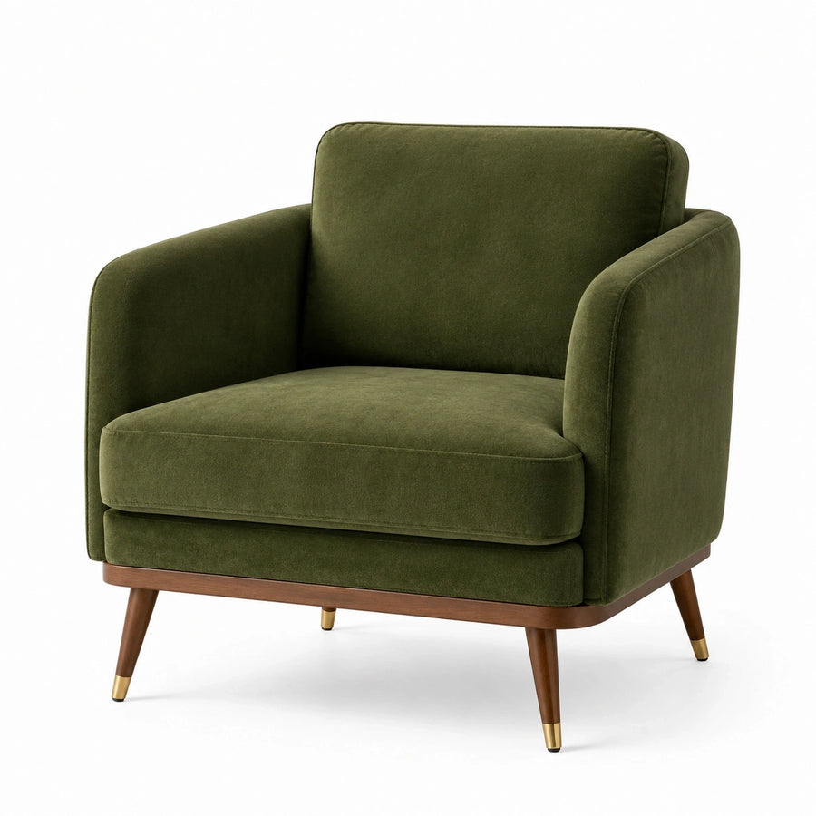 Fauteuil en velours vert Abrenvo, style rétro avec pieds en bois, dimensions 80x78x85 cm, assise confortable et élégante.