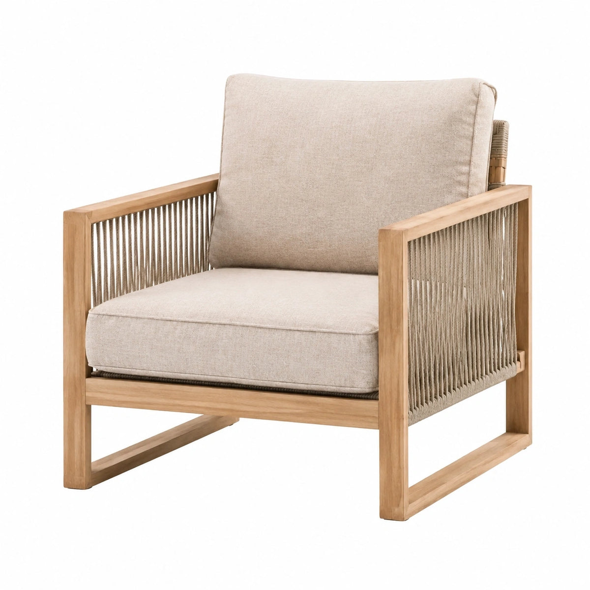 Fauteuil de jardin en bois naturel beige avec cordage tressé, dimensions 76x83x82 cm, modèle Abrenvo, style extérieur.