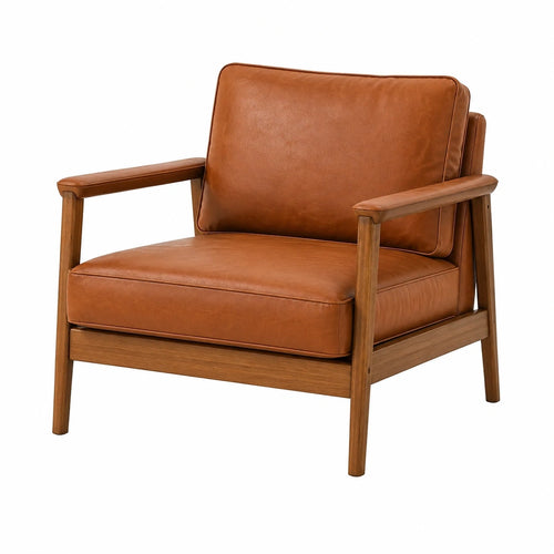 Fauteuil en bois brun et revêtement aspect cuir cognac de 76x80x82 cm, style moderne, pour salon, par Abrenvo.