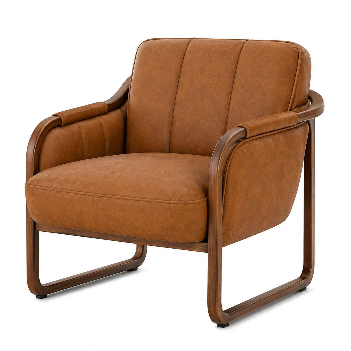 Fauteuil vintage marron en cuir et bois, dimensions 78x82x88 cm, style rétro, par Abrenvo.