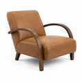Fauteuil en cuir camel avec accoudoirs en bois, style rétro, dimensions 78 x 85 x 88 cm, marque Abrenvo.