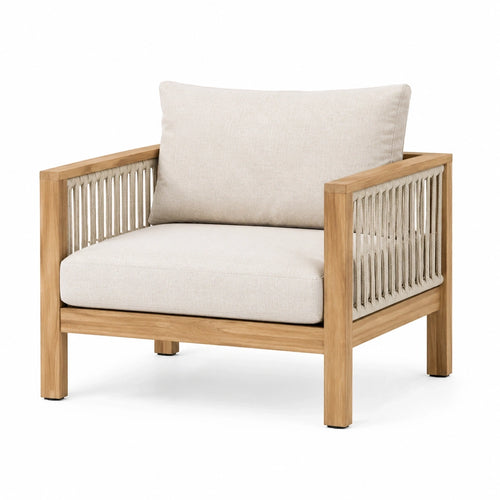 Fauteuil contemporain Abrenvo en bois naturel et corde beige, dimensions 75x80x82 cm, style moderne et confortable.