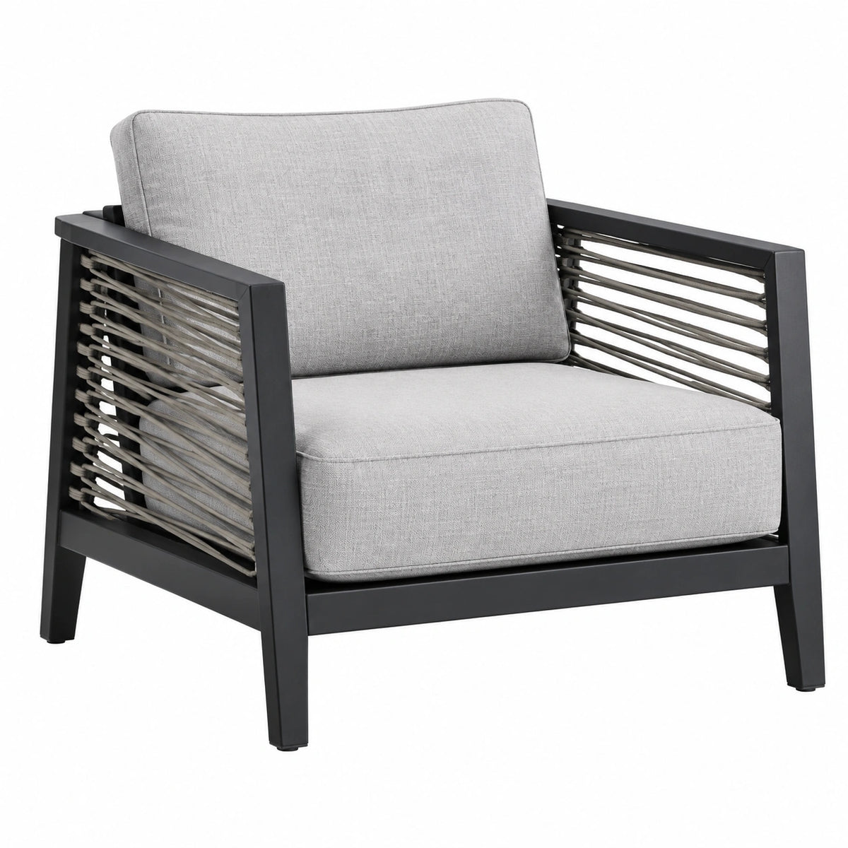 Fauteuil de jardin Abrenvo en métal noir avec cordage gris et assise rembourrée, dimensions 80x75x82 cm, style moderne.