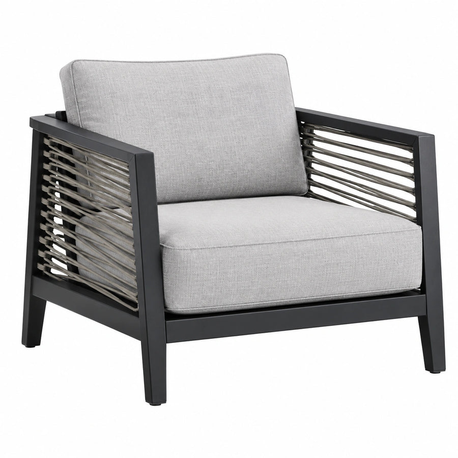 Fauteuil de jardin Abrenvo en métal noir avec cordage gris et assise rembourrée, dimensions 80x75x82 cm, style moderne.