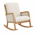 Fauteuil à bascule en bois et tissu bouclette écru, style scandinave, dimensions 70x90x100 cm, design moderne et confortable.