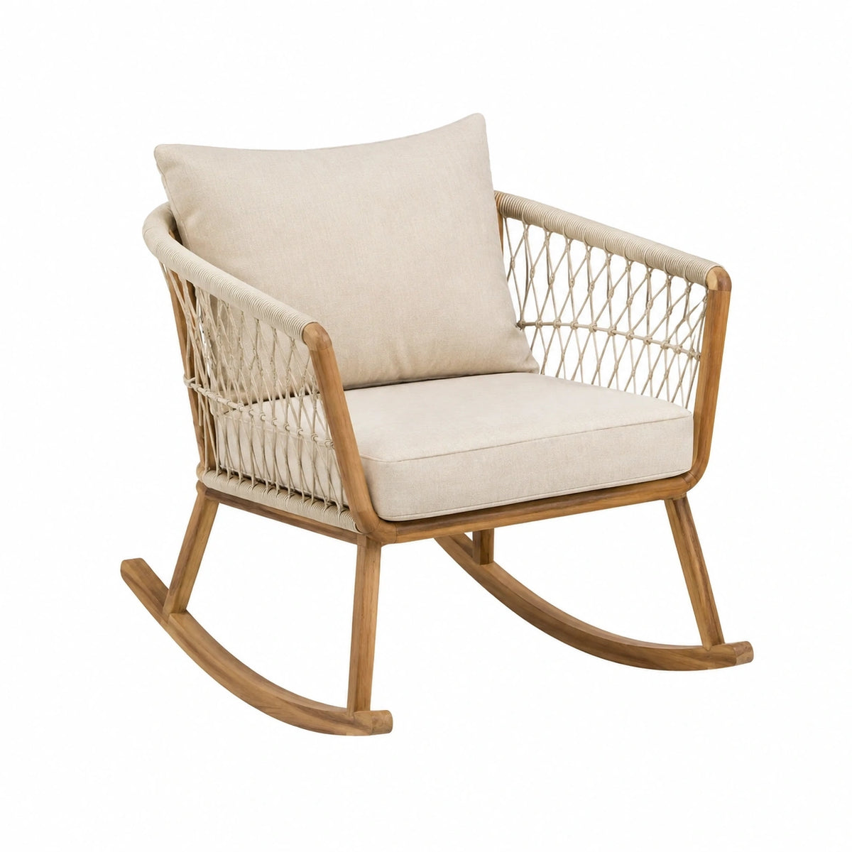 Fauteuil à bascule en bois et corde beige, style bohème, dimensions 70x90x88 cm, par Abrenvo, pour salon ou terrasse.