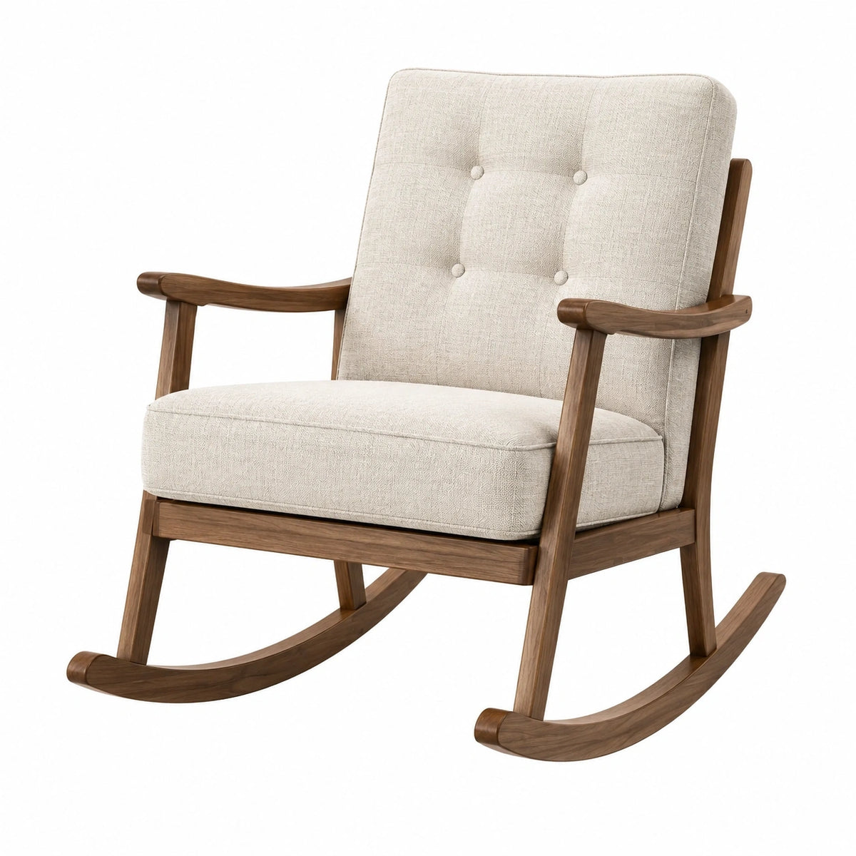Fauteuil à bascule Abrenvo en tissu beige et bois brun, style scandinave, dimensions 68x92x102 cm, confortable et élégant.