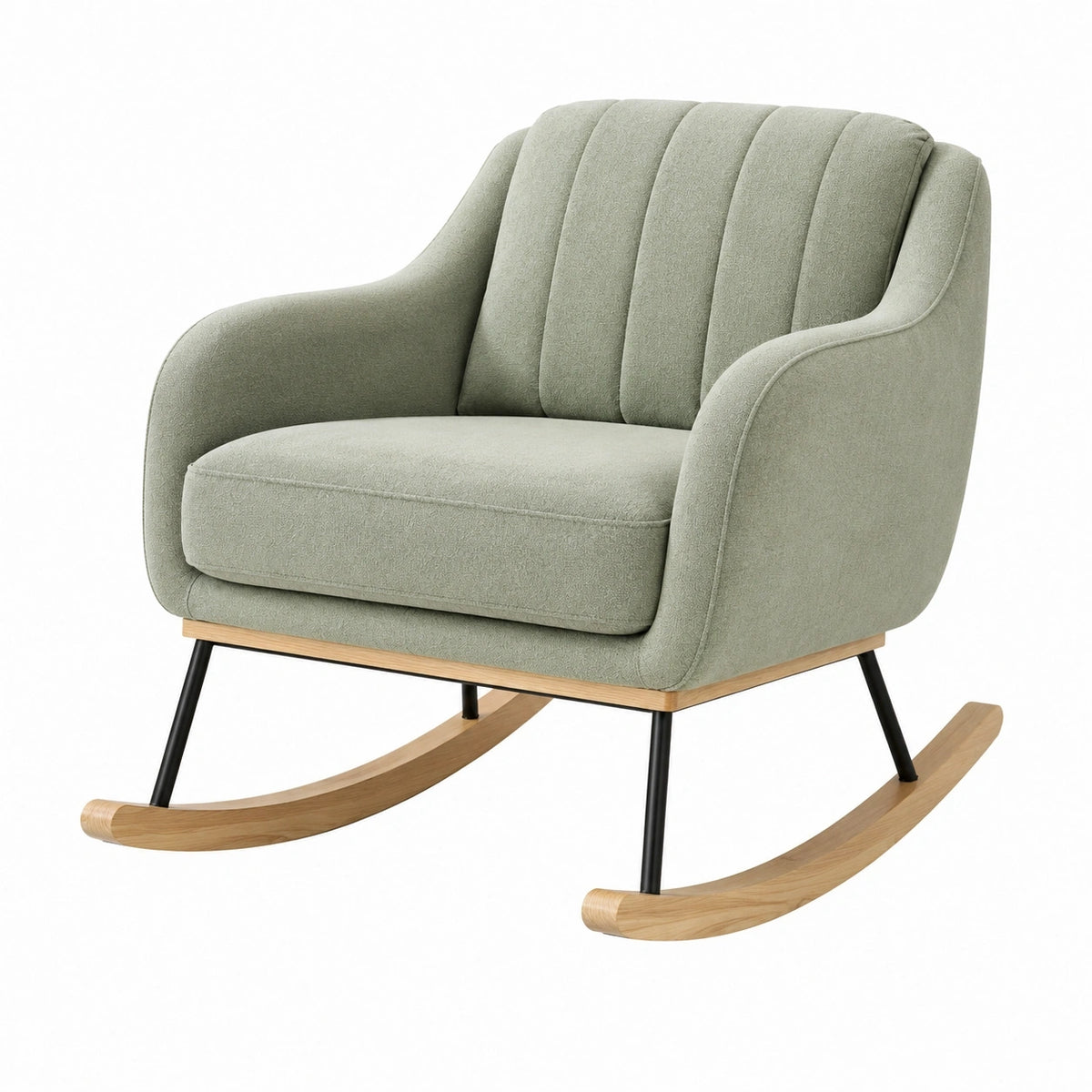 Fauteuil à bascule en tissu vert sauge, style contemporain, dimensions 82x92x95 cm, par Abrenvo.