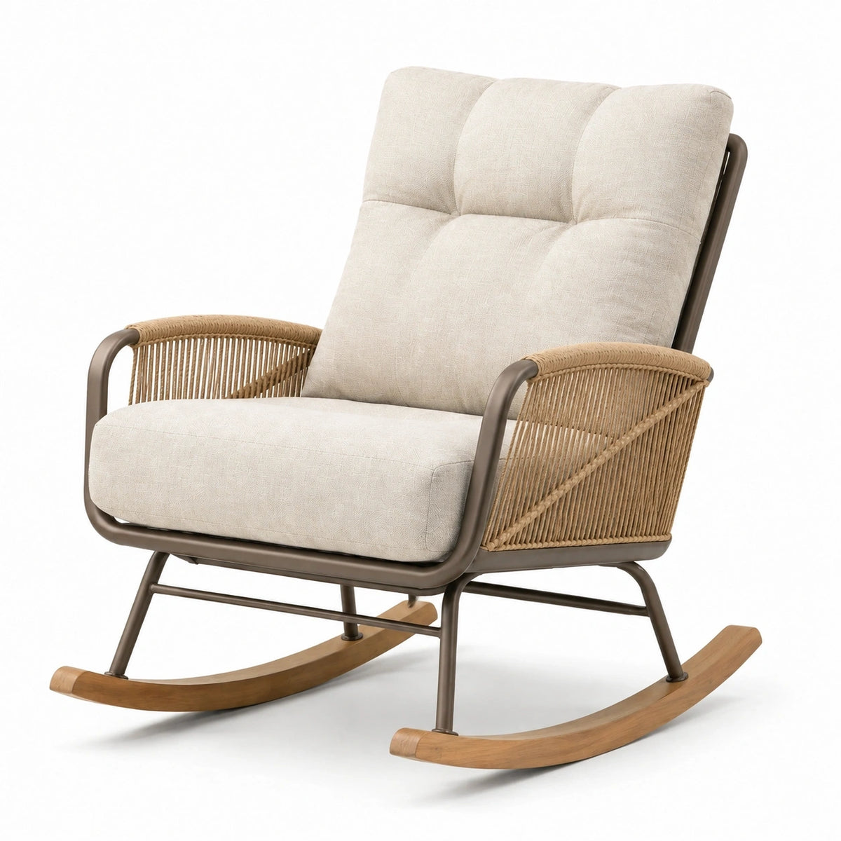 Fauteuil à bascule Abrenvo en métal, bois et cordage beige, style naturel, dimensions 70x95x100 cm, assise confortable.