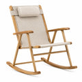 Fauteuil à bascule Abrenvo en bois et tissu beige avec appuie-tête, dimensions 68x100x105 cm.