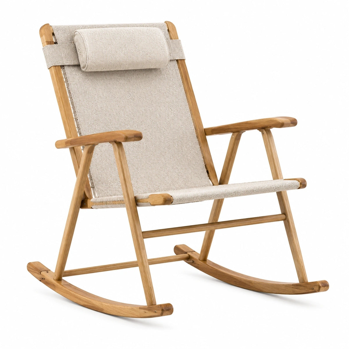 Fauteuil à bascule Abrenvo en bois et tissu beige avec appuie-tête, dimensions 68x100x105 cm.