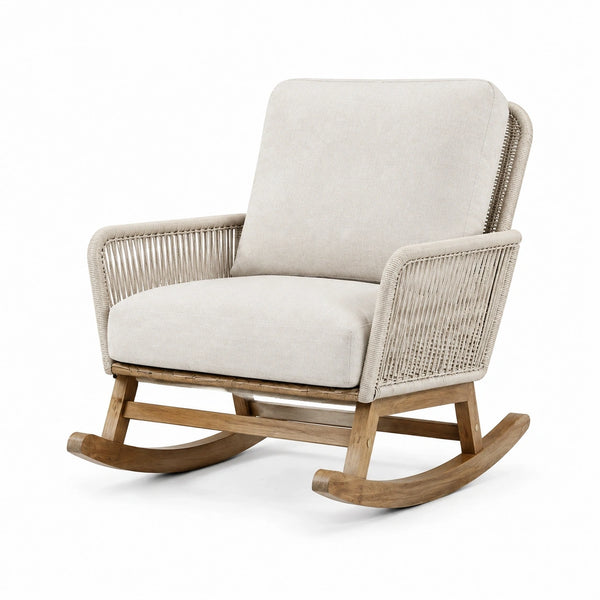 Fauteuil à bascule en bois et corde beige, style naturel, dimensions 75x95x98 cm, par Abrenvo, assise confortable.
