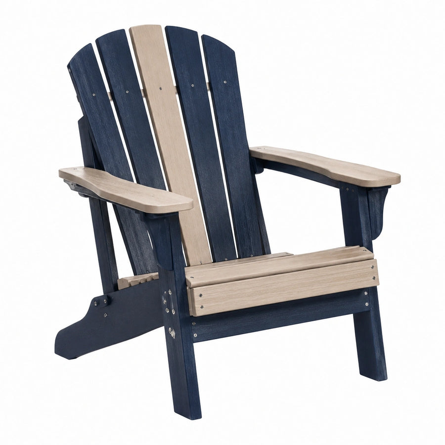 Fauteuil Adirondack en plastique bleu marine et beige, fauteuil de jardin Abrenvo, dimensions 83x79x97 cm, pour extérieur
