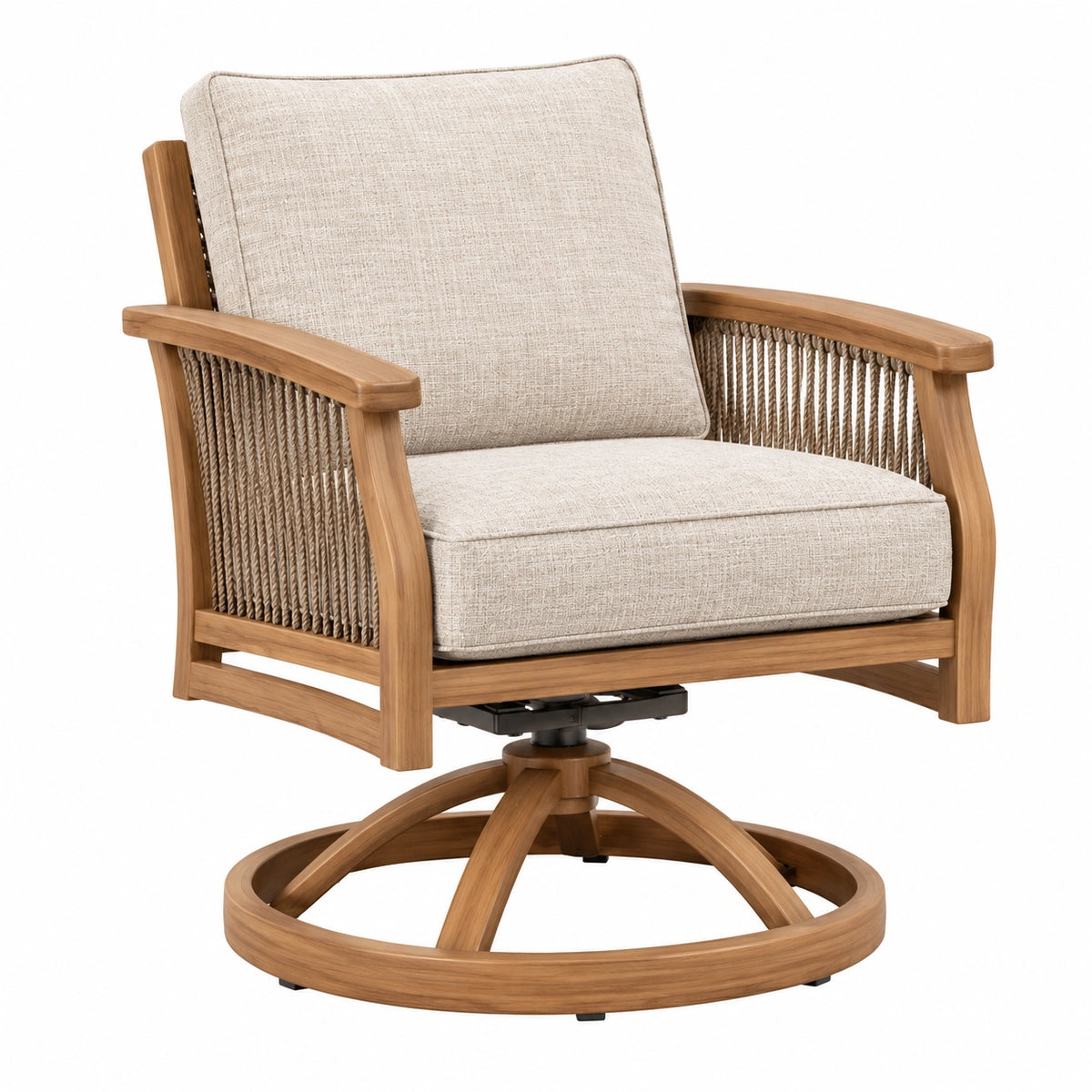 Fauteuil pivotant de jardin Abrenvo en bois avec corde tissée beige, dimensions 78x80x91 cm, style naturel.