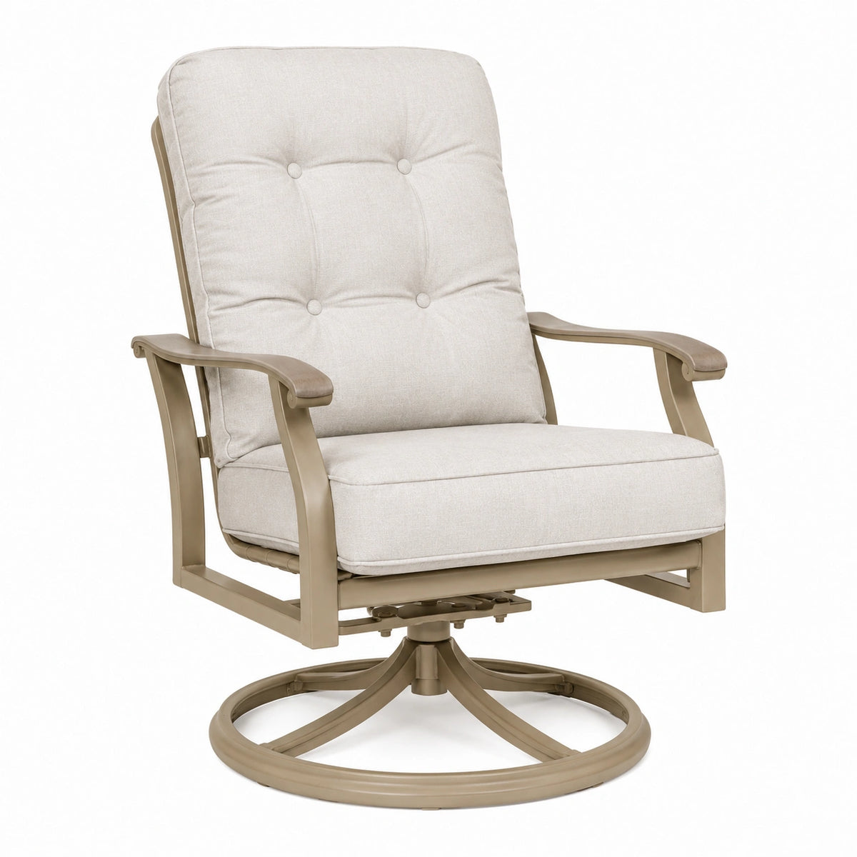 Fauteuil de jardin pivotant en métal beige avec assise rembourrée, style contemporain, dimensions 84x91x103 cm, par Abrenvo.