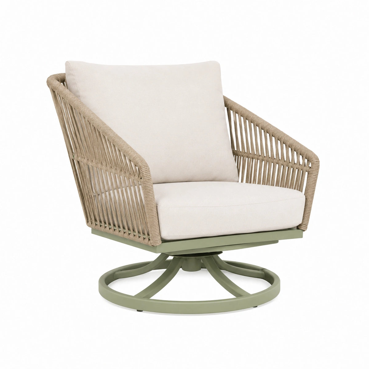 Fauteuil de jardin pivotant en métal vert avec corde tressée, style contemporain, dimensions 78x82x88 cm, fabriqué par Abrenvo.