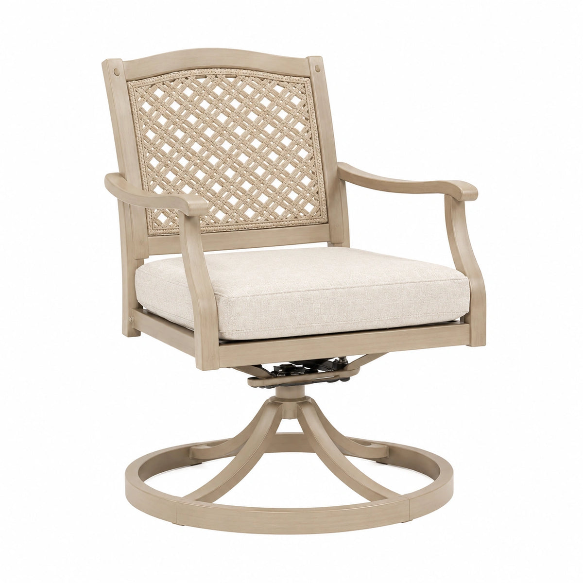 Fauteuil de jardin pivotant en bois beige avec dossier tressé, dimensions 68 x 70 x 100 cm, design confortable et élégant.