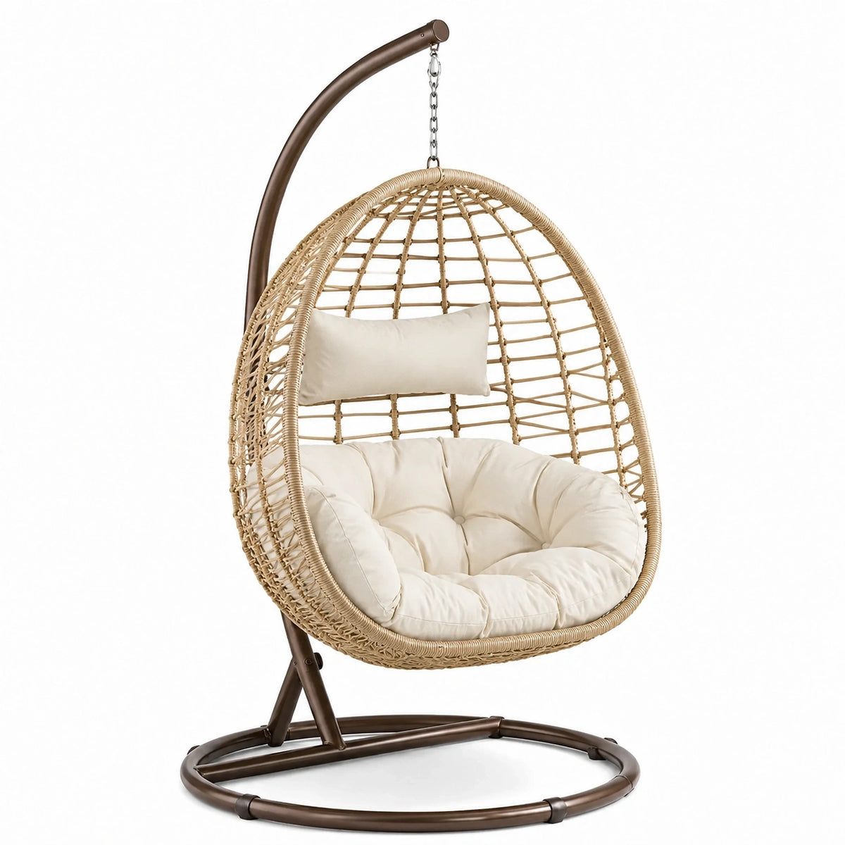 Fauteuil suspendu Abrenvo en métal et fibres tressées beige et marron pour intérieur style bohème, dimensions 105x105x195 cm.