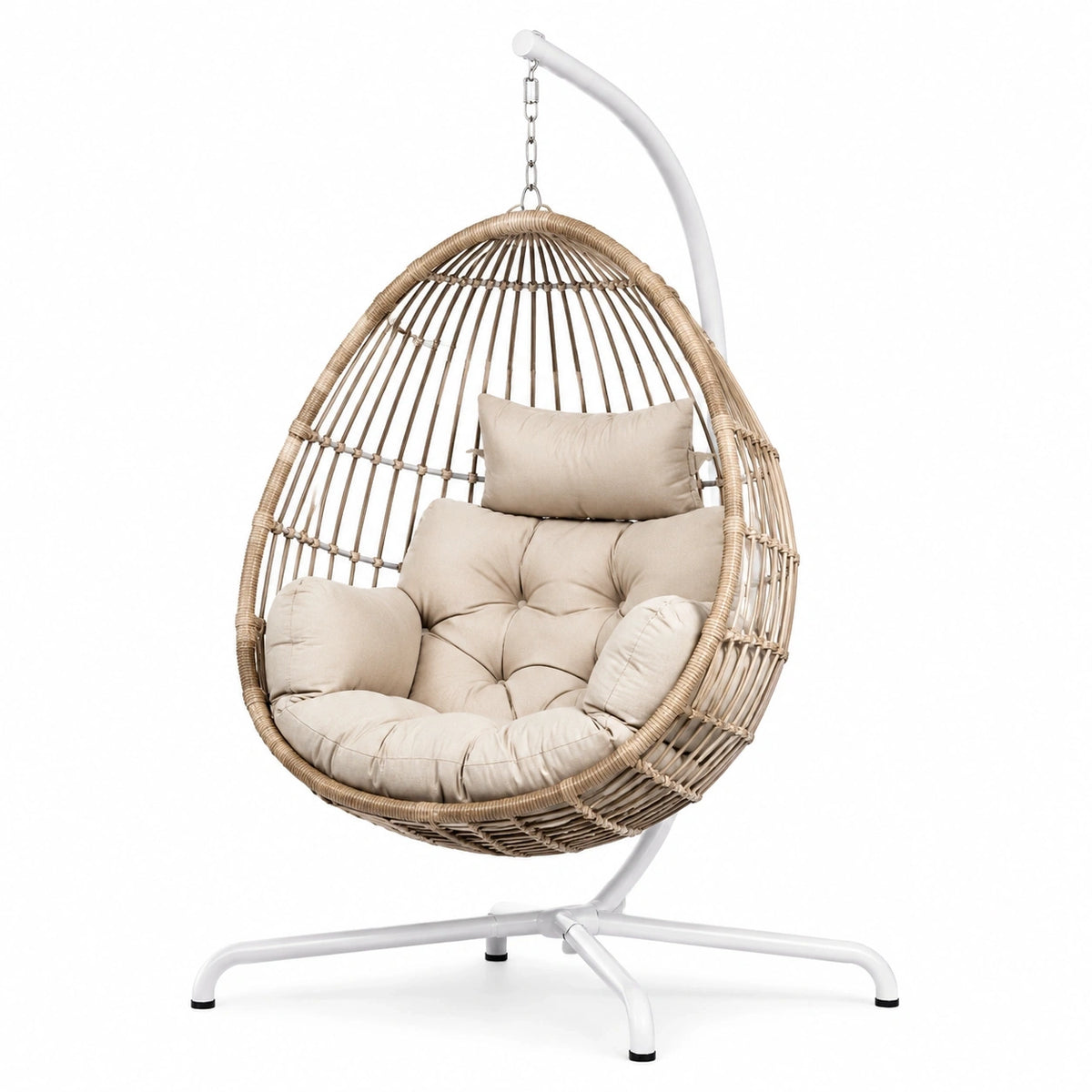 Fauteuil suspendu en rotin beige avec support en acier, style bohème, dimensions 110x110x195 cm, par Abrenvo.