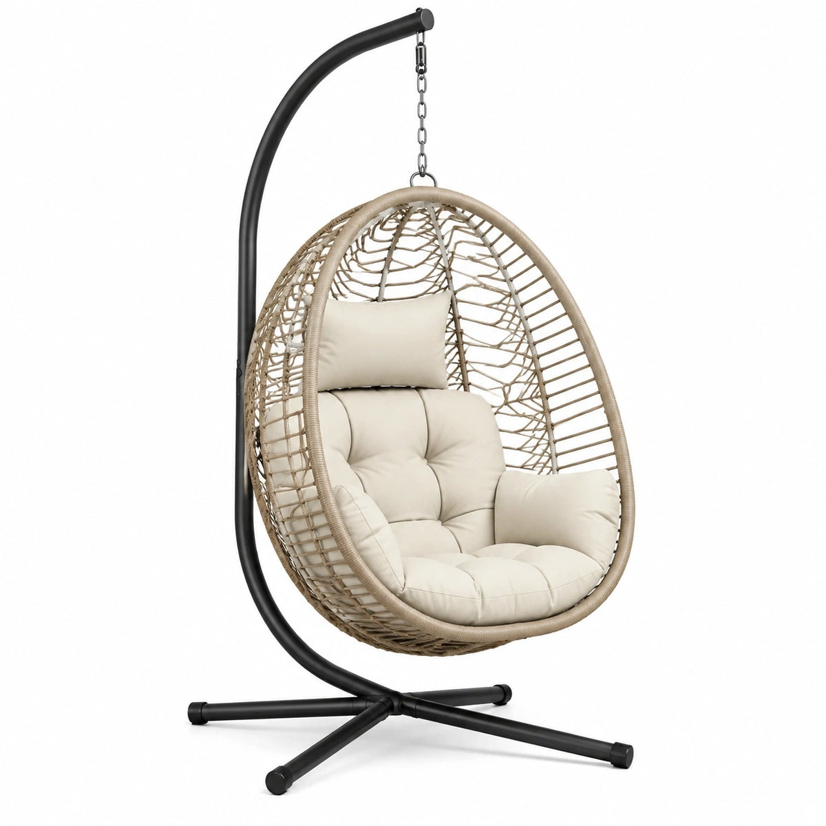 Fauteuil suspendu de jardin Abrenvo en résine tressée beige avec support métallique noir, dimensions 105x105x195 cm.