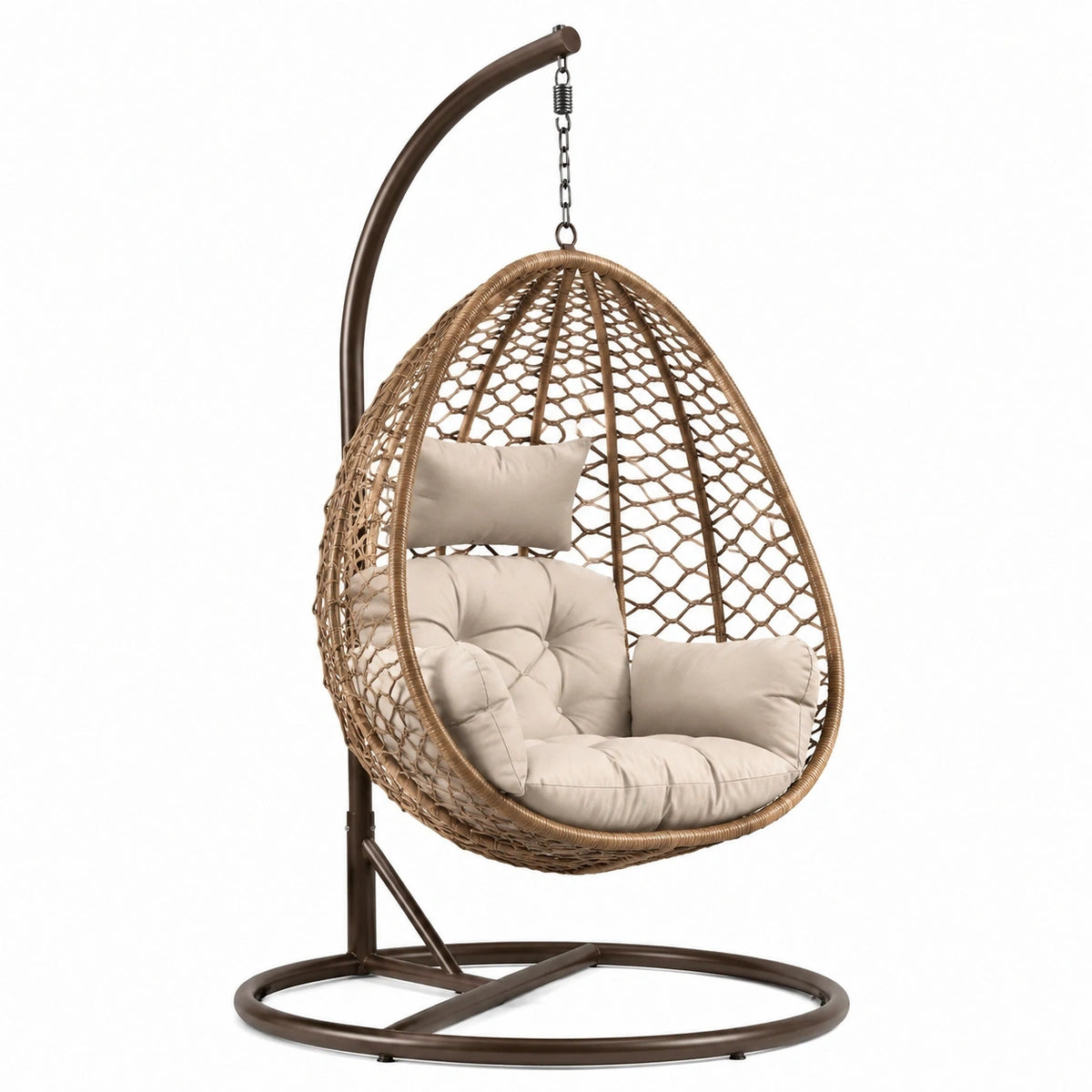 Fauteuil suspendu en résine tressée beige avec support en acier brun, style bohème, dimensions 105x105x195 cm pour extérieur.