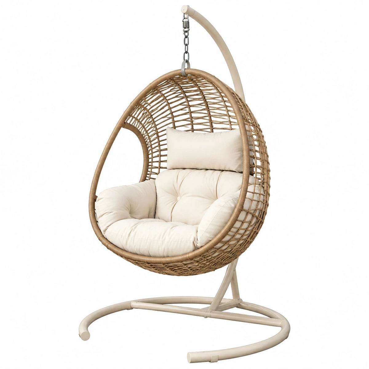 Fauteuil suspendu en rotin beige avec structure métallique, style bohème, dimensions 100x100x195 cm, par Abrenvo.