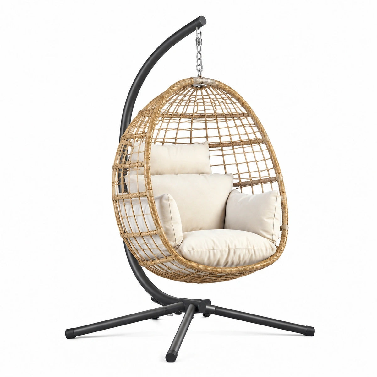Fauteuil suspendu en rotin tressé et acier noir, style bohème, avec support, dimensions 105x105x195 cm, par Abrenvo.