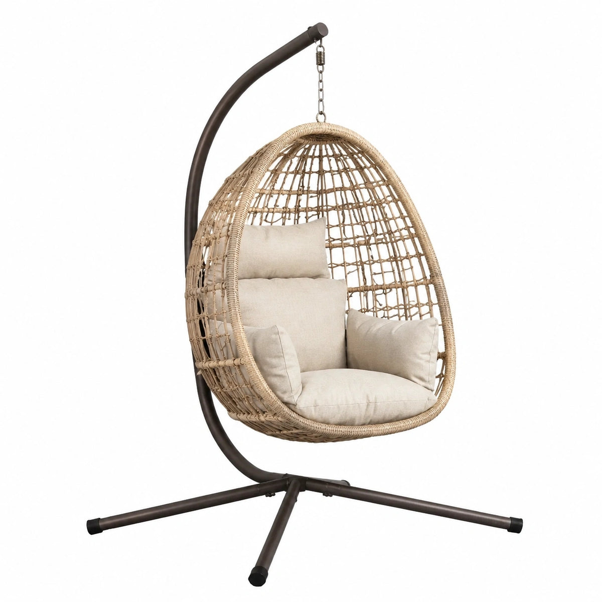Fauteuil suspendu en résine tressée beige avec support en acier, style bohème, dimensions 105x105x195 cm, par Abrenvo.