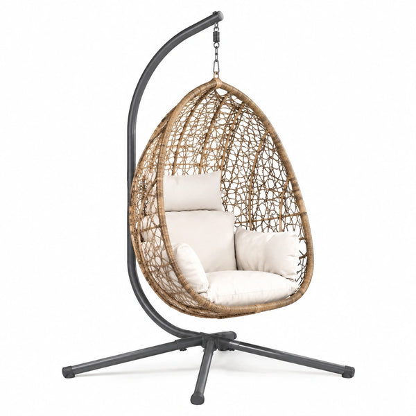 Fauteuil suspendu en rotin naturel beige avec support en métal noir, dimensions 110x100x195 cm, par Abrenvo.