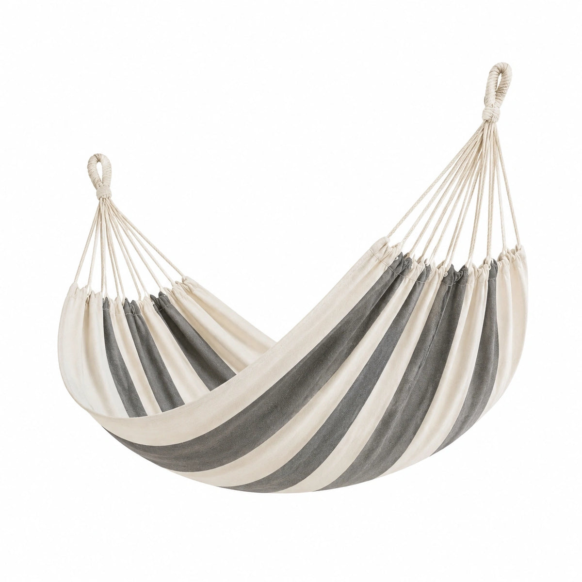 Hamac Abrenvo en tissu rayé gris et beige, 200x150 cm, pour jardin style bohème.