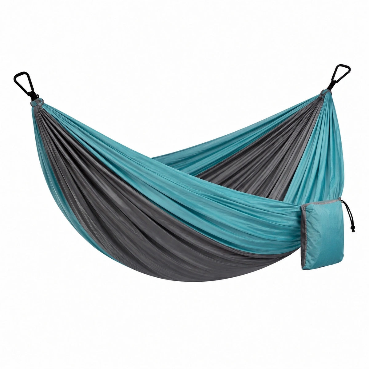 Hamac Abrenvo en tissu synthétique turquoise et anthracite, 270 x 140 cm avec mousquetons pour extérieur.