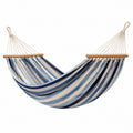 Hamac Abrenvo en toile rayée bleu blanc avec barres en bois, dimensions 300 x 100 x 120 cm, pour jardin.