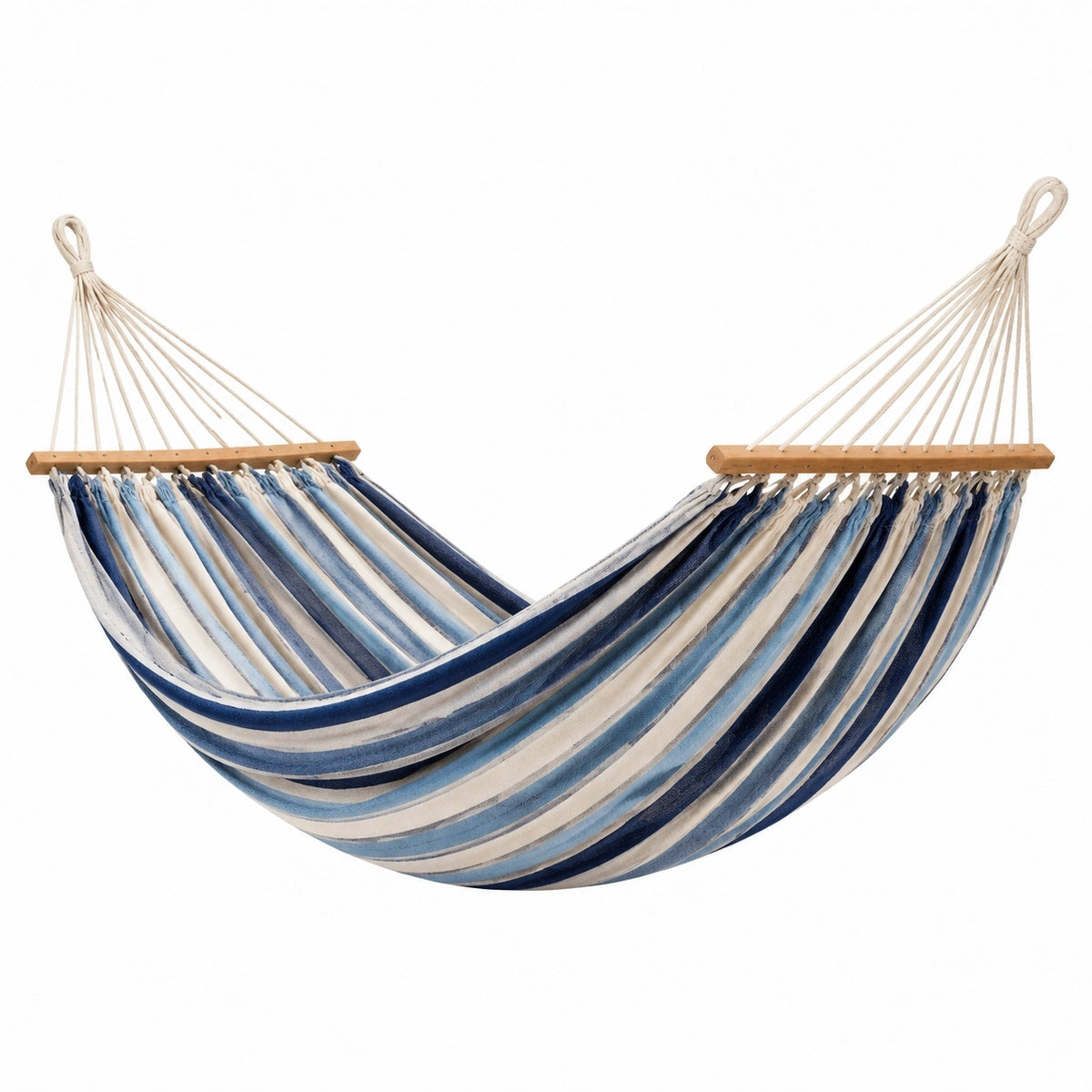 Hamac Abrenvo en toile rayée bleu blanc avec barres en bois, dimensions 300 x 100 x 120 cm, pour jardin.