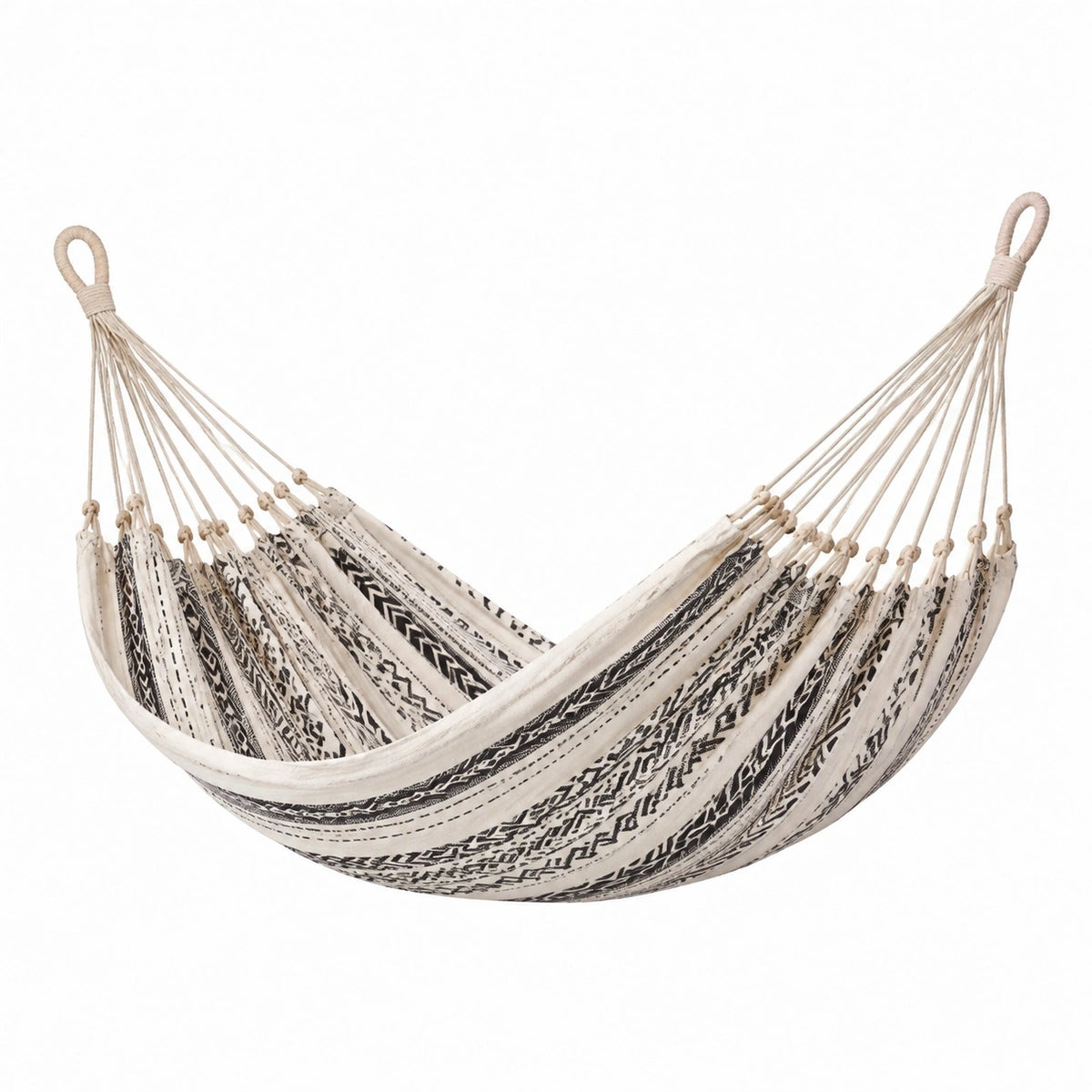 Hamac en coton écru et noir à motifs, 300 x 150 cm, pour jardin, style bohème, par Abrenvo.