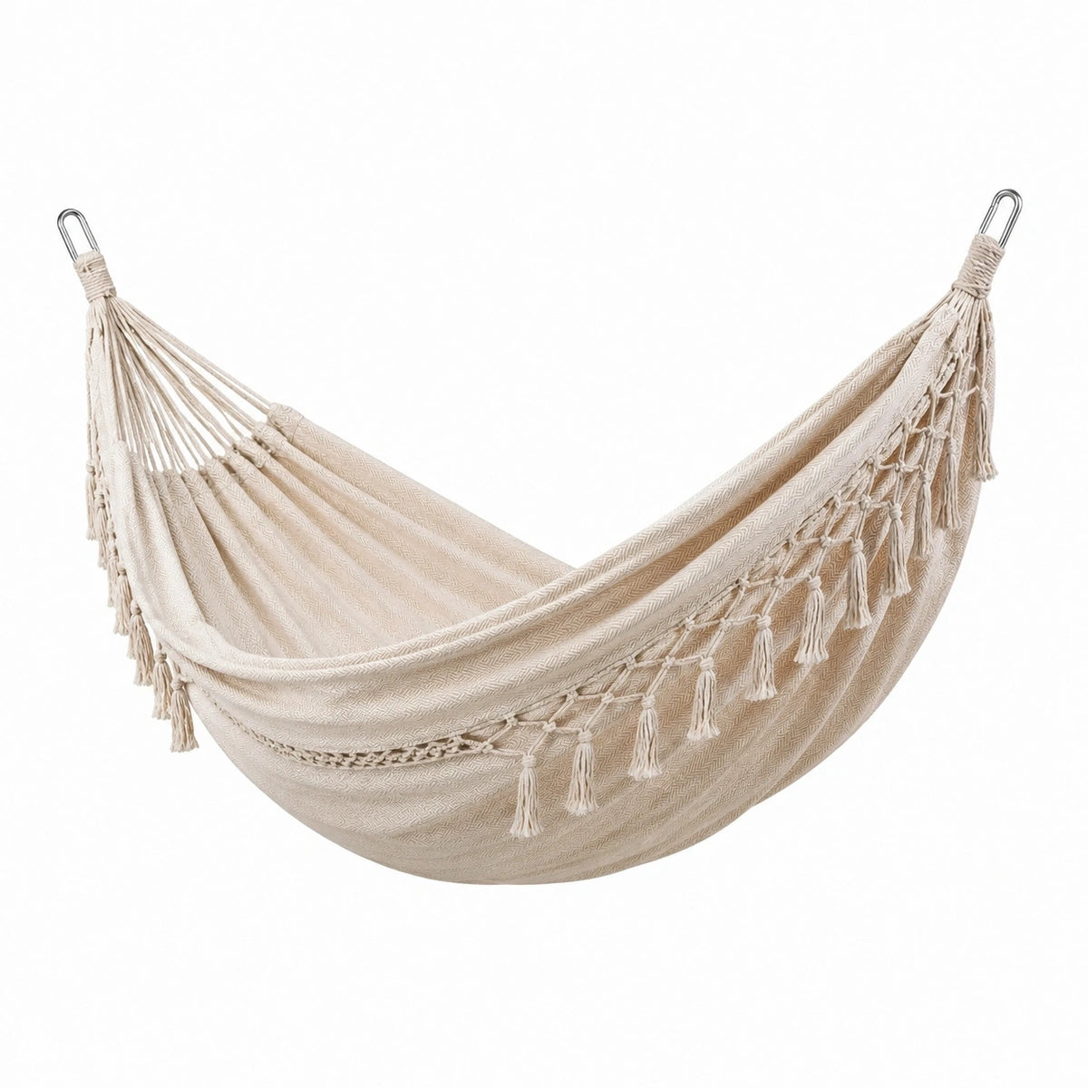 Hamac beige 300 x 100 cm en tissu avec franges et mousquetons, parfait pour le jardin, de la marque Abrenvo.