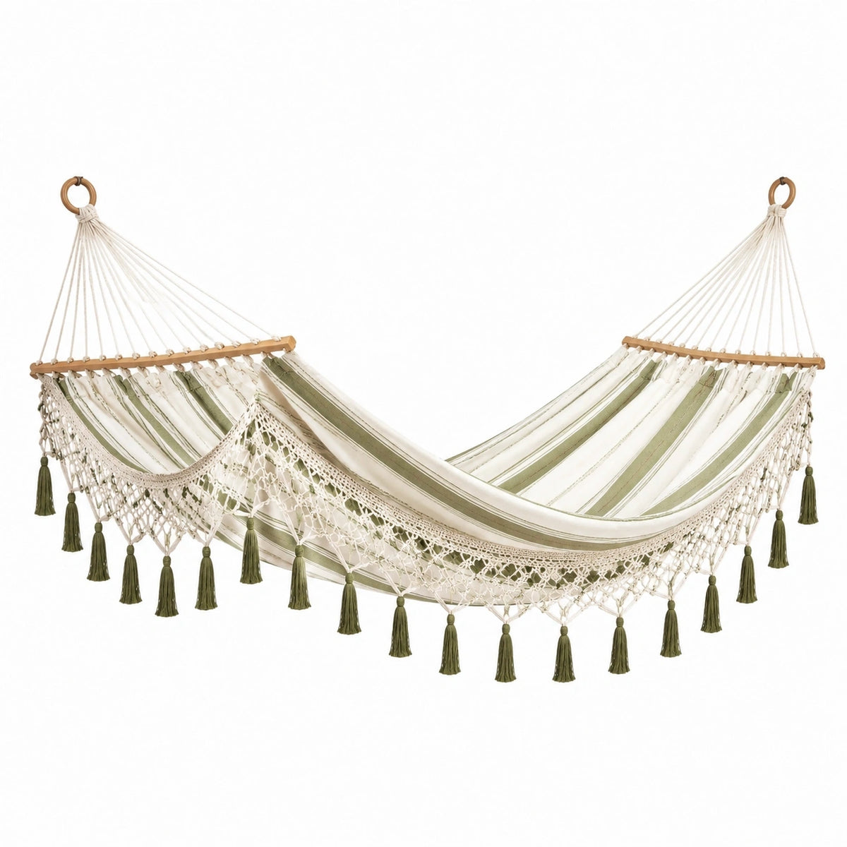 Hamac Abrenvo en coton blanc et vert olive avec franges, style bohème, dimensions 300 x 100 cm, pour relaxation extérieure.