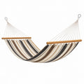 Hamac Abrenvo en tissu rayé beige, marron et gris avec barres en bois, pour jardin, 300 x 100 cm.