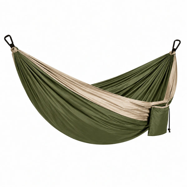 Hamac Abrenvo en tissu synthétique vert kaki et beige, 270x140 cm avec mousquetons, portable et confortable.